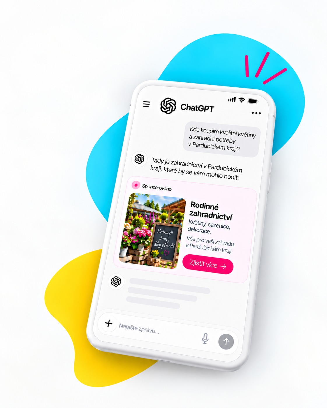 Ukázka sponzorované nabídky zahradnictví v konverzaci ChatGPT na mobilním telefonu